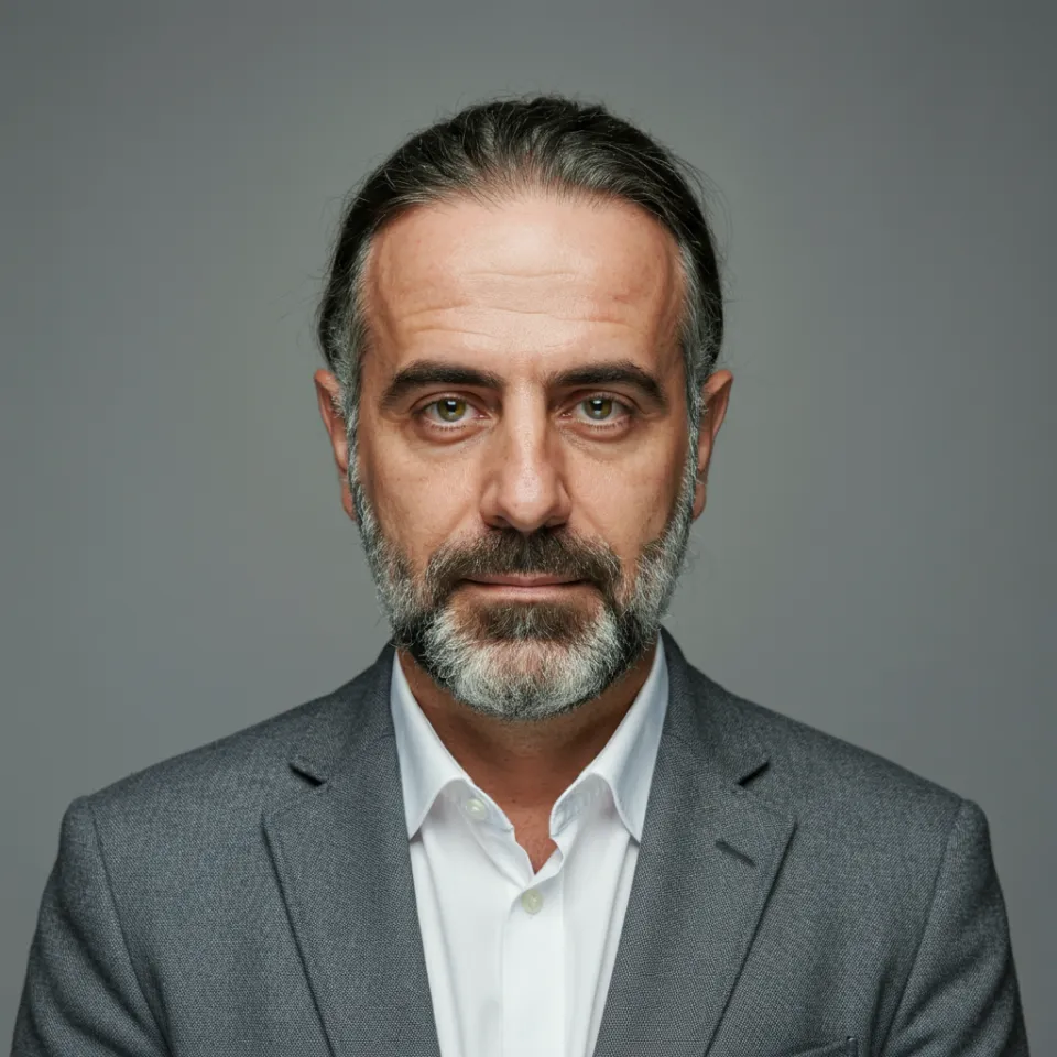 Hombre en oficina, camisa azul, rostro serio